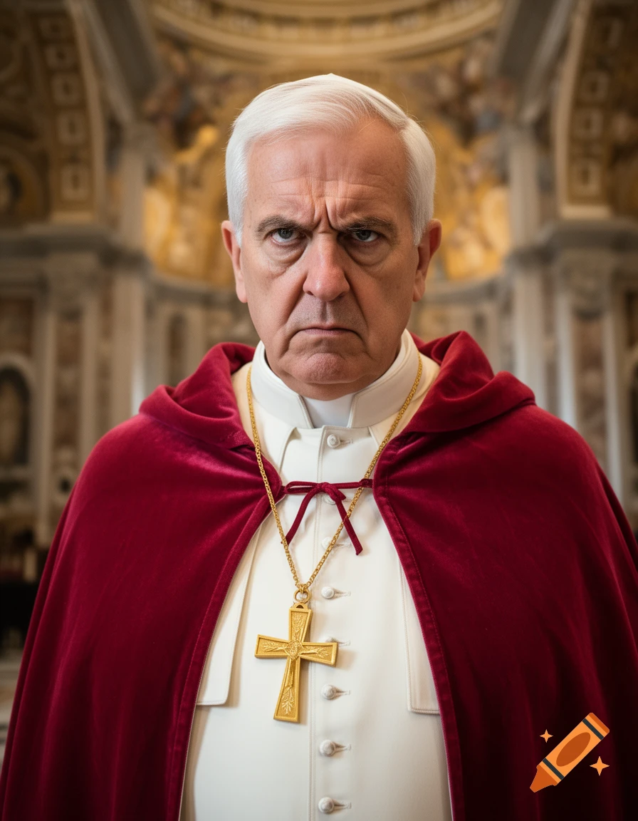 A photorealistic portrait of an angry Pope with white hair and a gold cross necklace, wearing a red cape and white cassock, in a church.