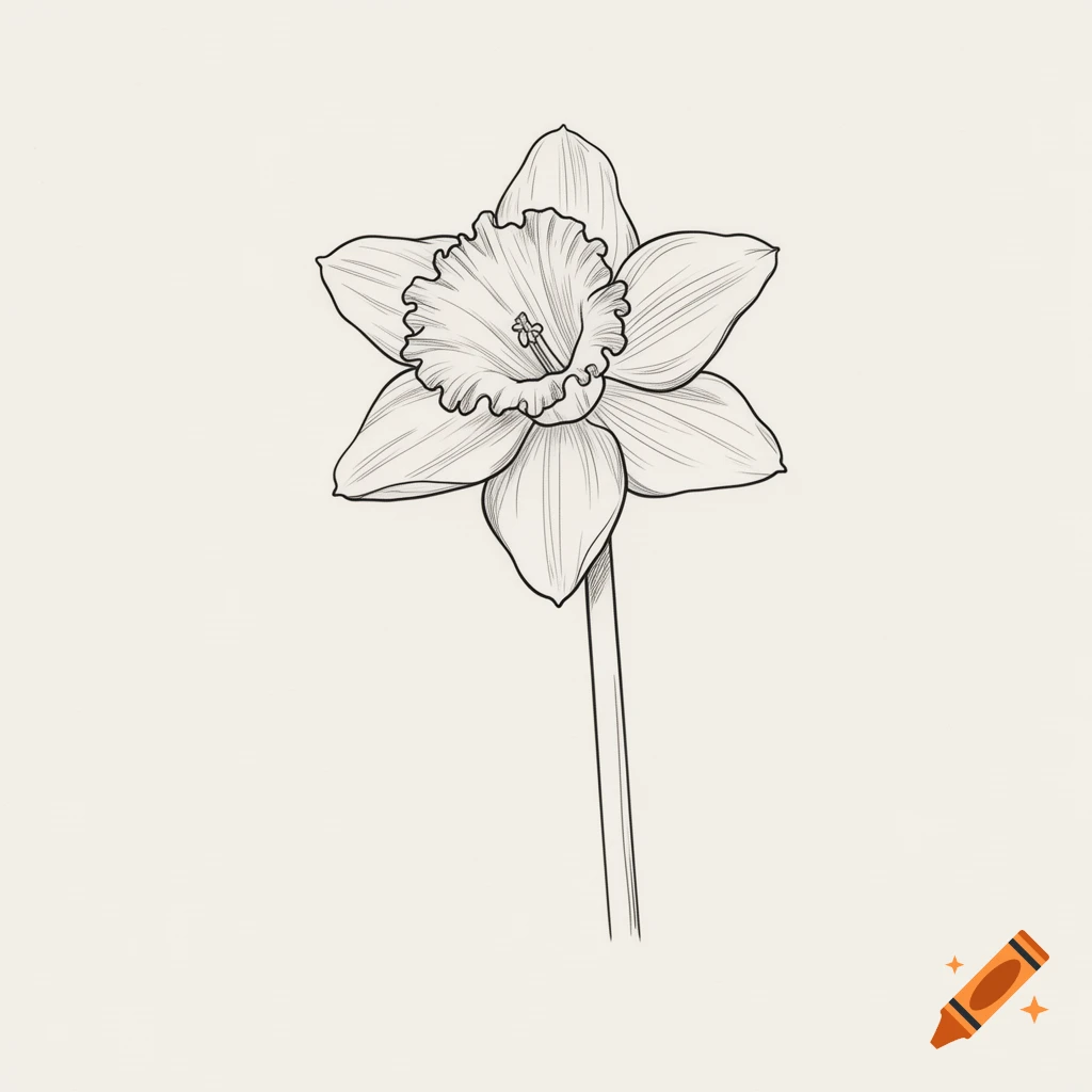 A simple black and white line drawing of a daffodil flower with a long stem against a plain background.