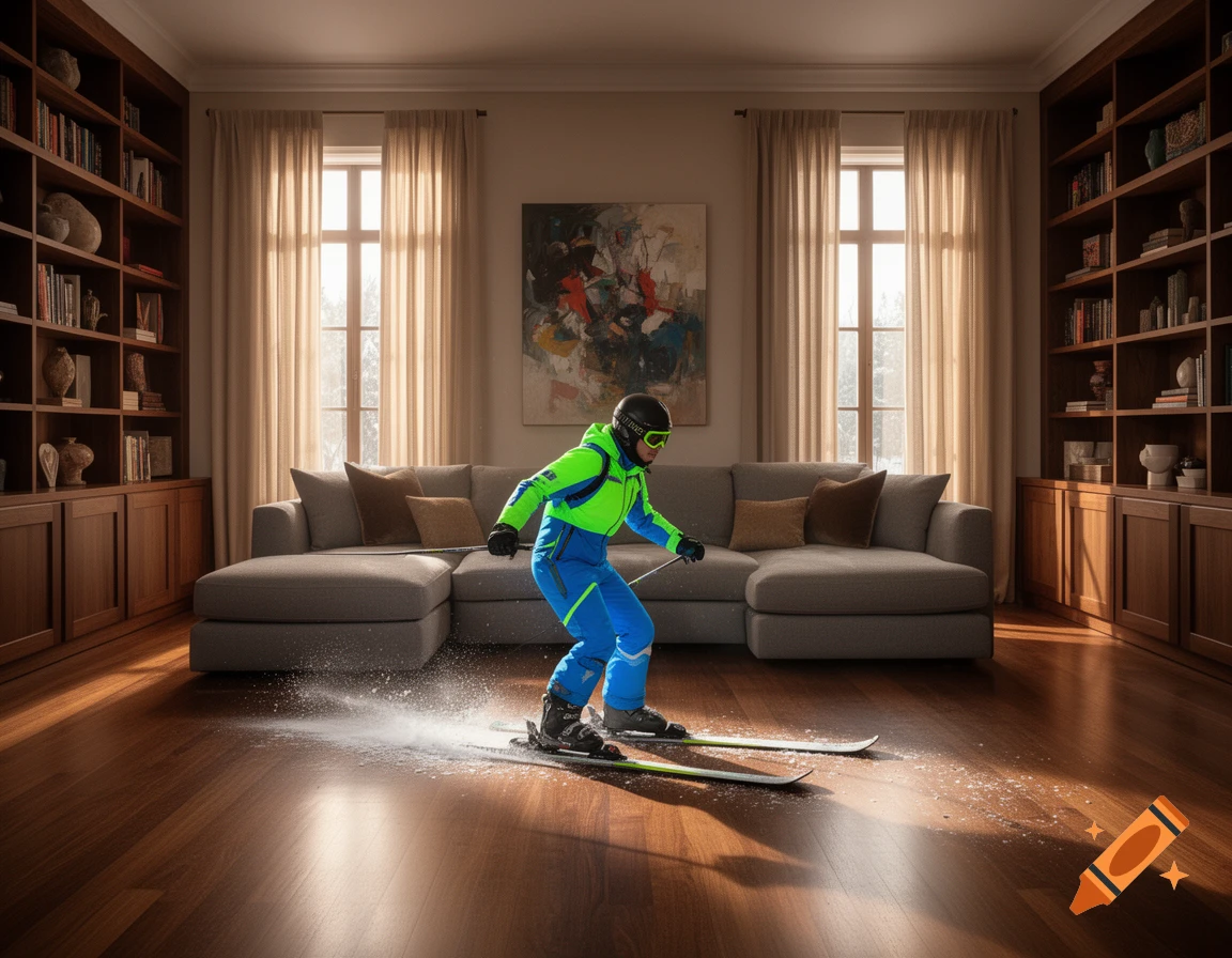 A skier in blue and neon green gear carves across a polished wooden living room floor, kicking up snow. The room has large windows and bookshelves.