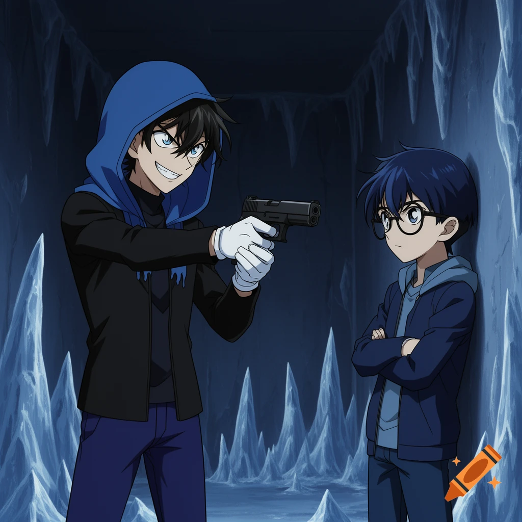 An anime boy with a creepy smile points a gun at another boy in an icy cave.