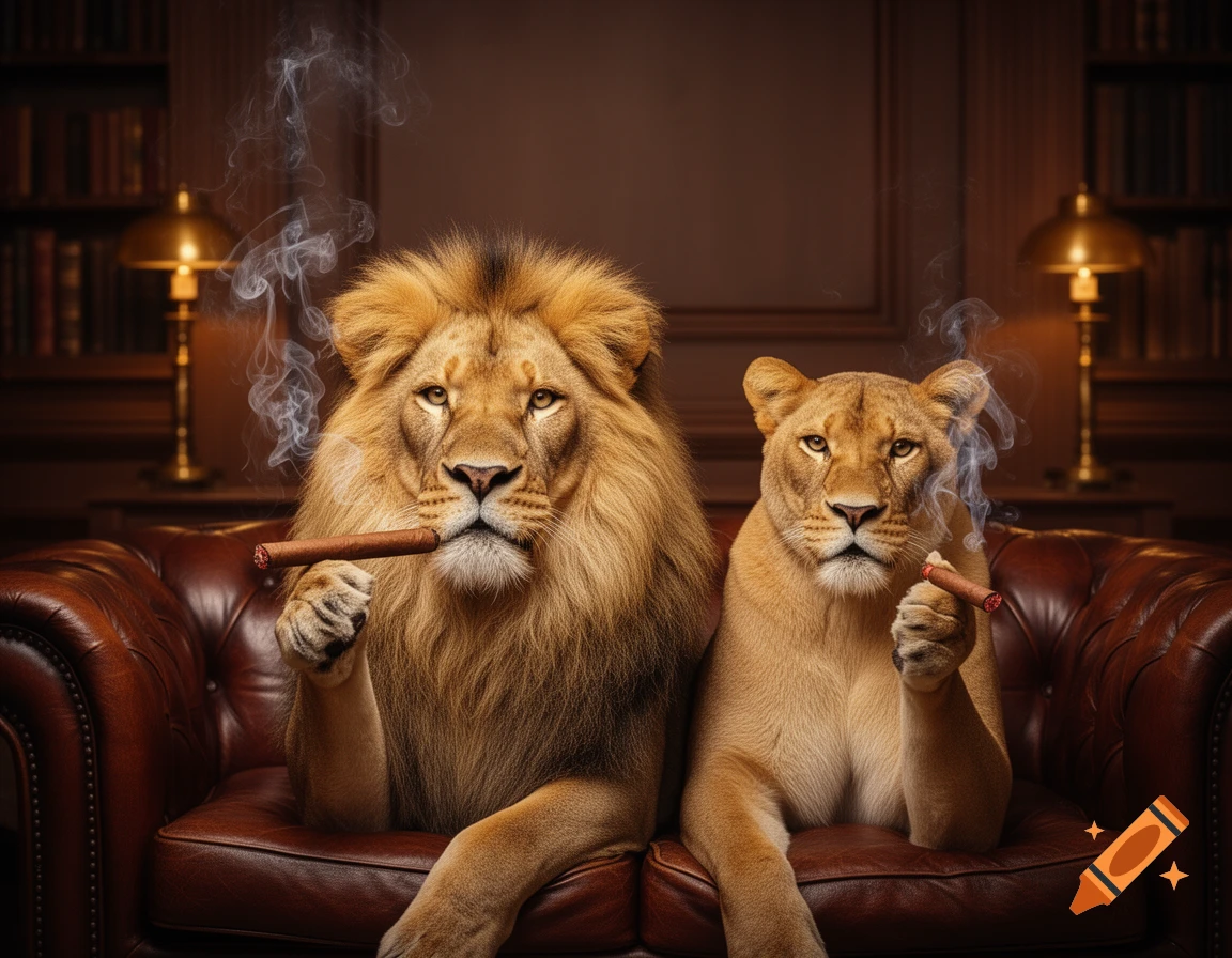 Photorealistic image of a sophisticated lion and lioness smoking cigars on a leather couch in a library.