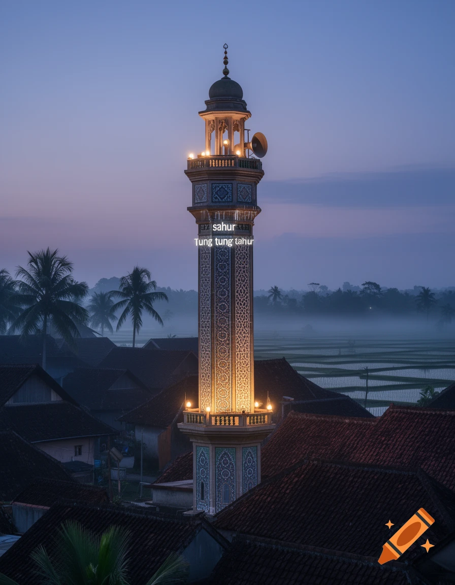 A tall, illuminated mosque minaret at dawn or dusk, surrounded by traditional houses and misty rice fields, with garbled text on its side.