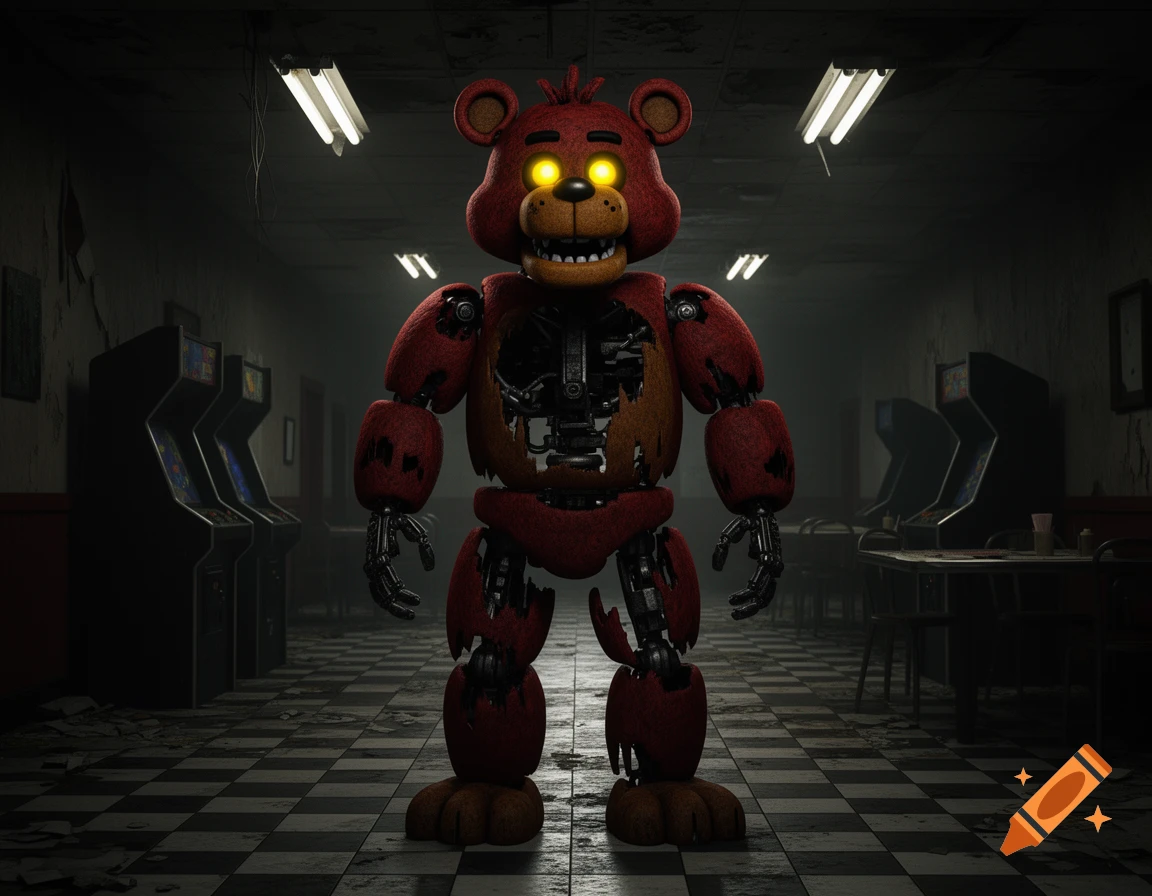 A red animatronic bear with glowing yellow eyes and exposed wiring stands in a dark, abandoned arcade hallway.