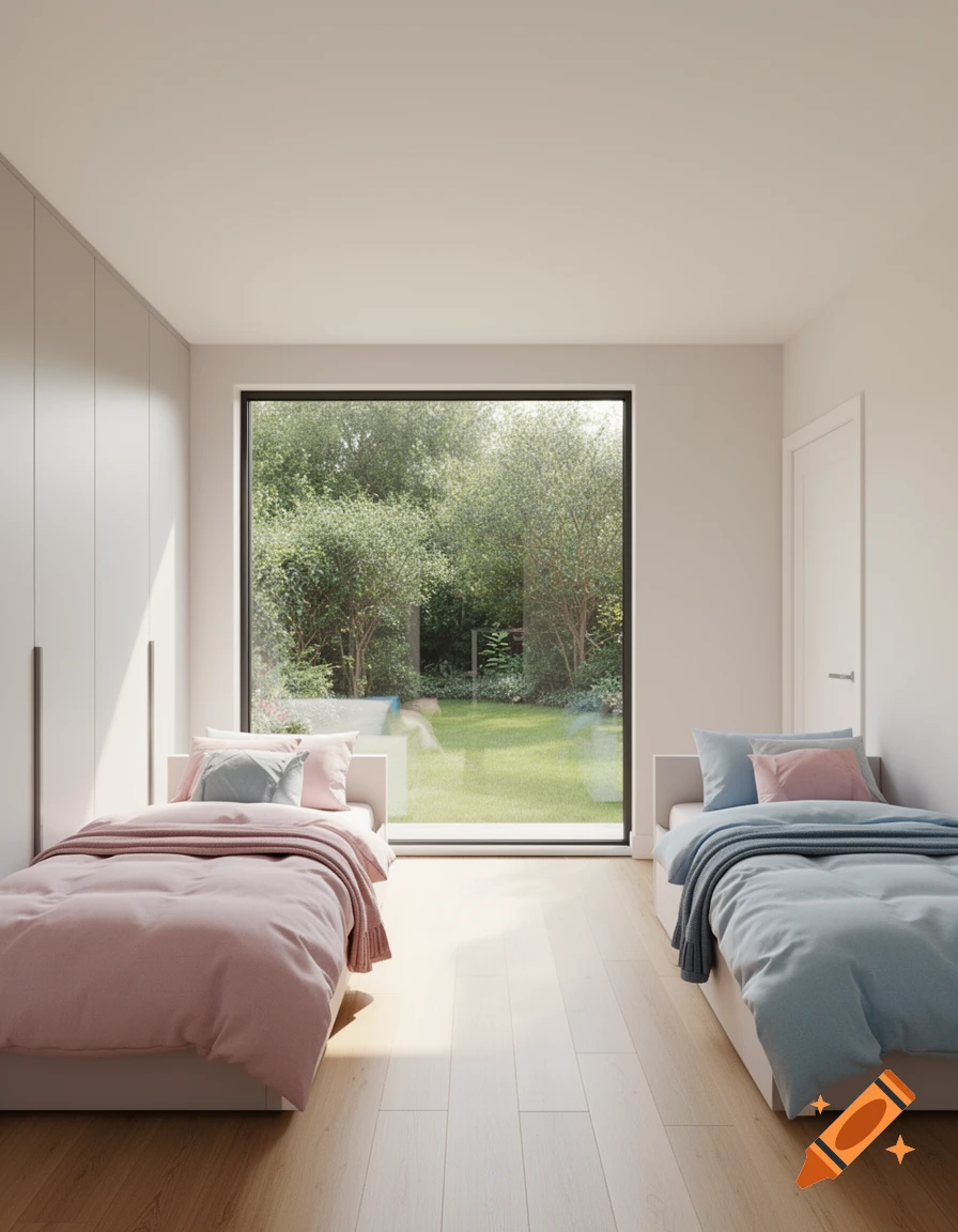 A modern bedroom with two single beds, one pink and one blue, a large window overlooking a green garden, light wood floor.