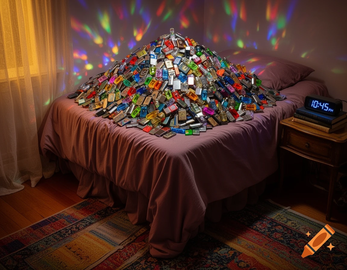 A mountain of colorful lighters on a bed in a dimly lit bedroom with a digital clock and colorful lights on the wall.