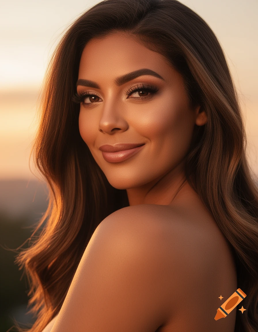 Photorealistic portrait of a beautiful woman with long brown hair, smiling gently and looking over her shoulder in warm golden hour sunlight.