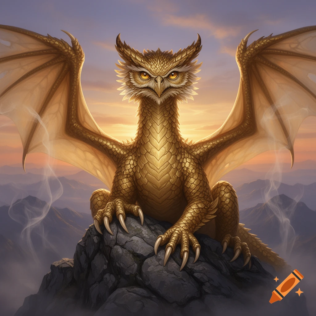 A majestic golden dragon with owl-like features sits atop a rocky mountain peak at sunset, smoke rising from its wings.