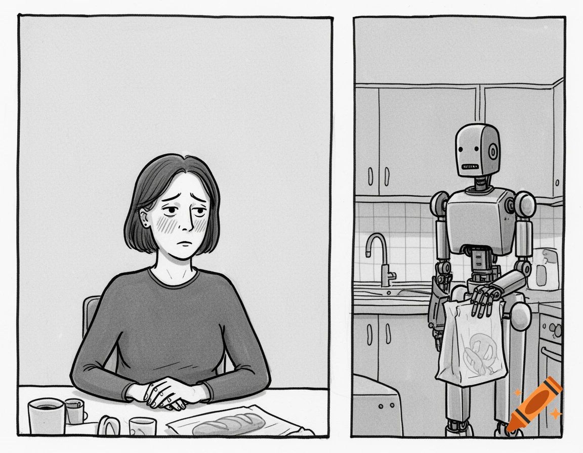 A black and white comic panel shows a sad woman at a table and a robot in a kitchen holding a bakery bag.