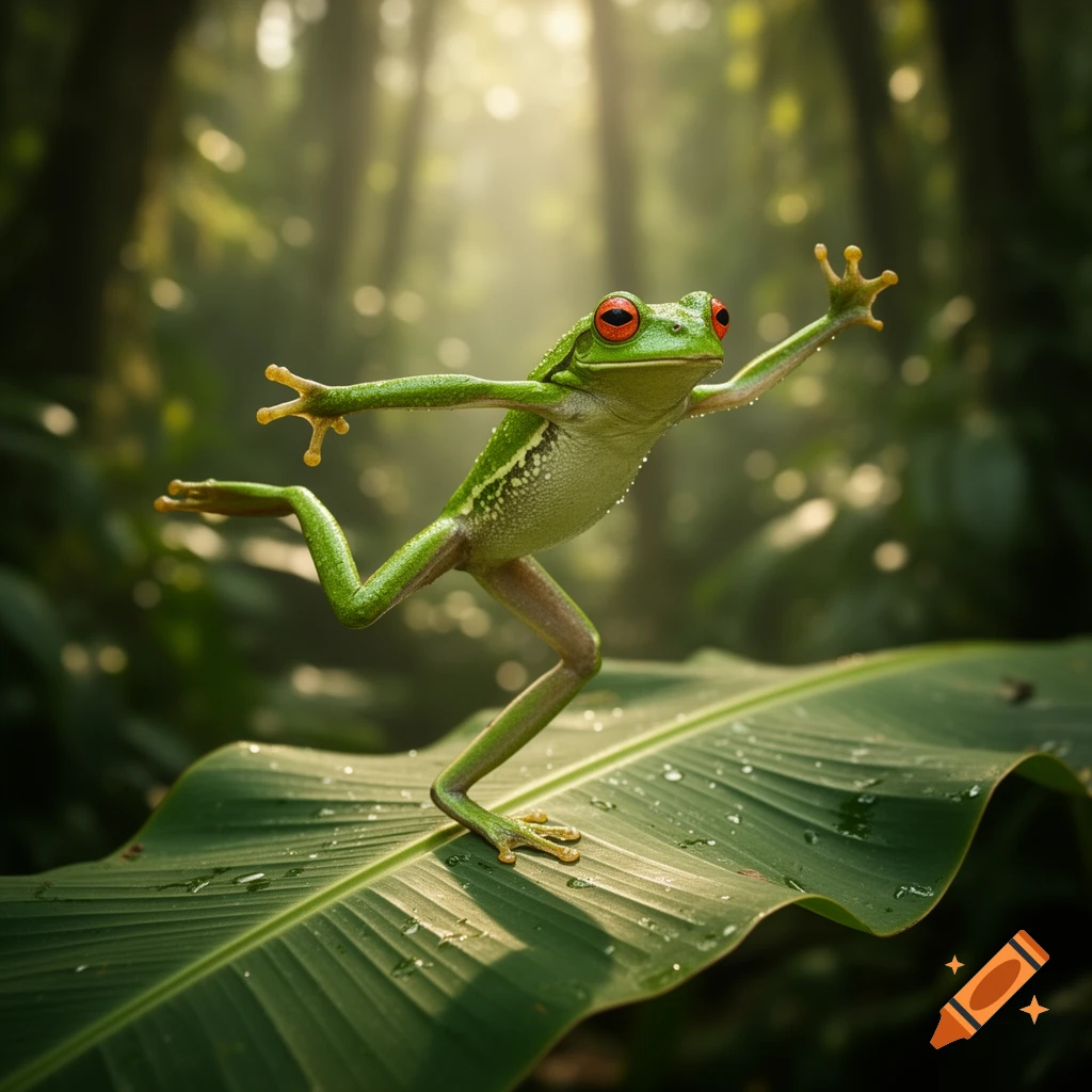 A vibrant green frog with large red eyes balances on one leg on a wet, large green leaf in a lush, sunlit jungle.