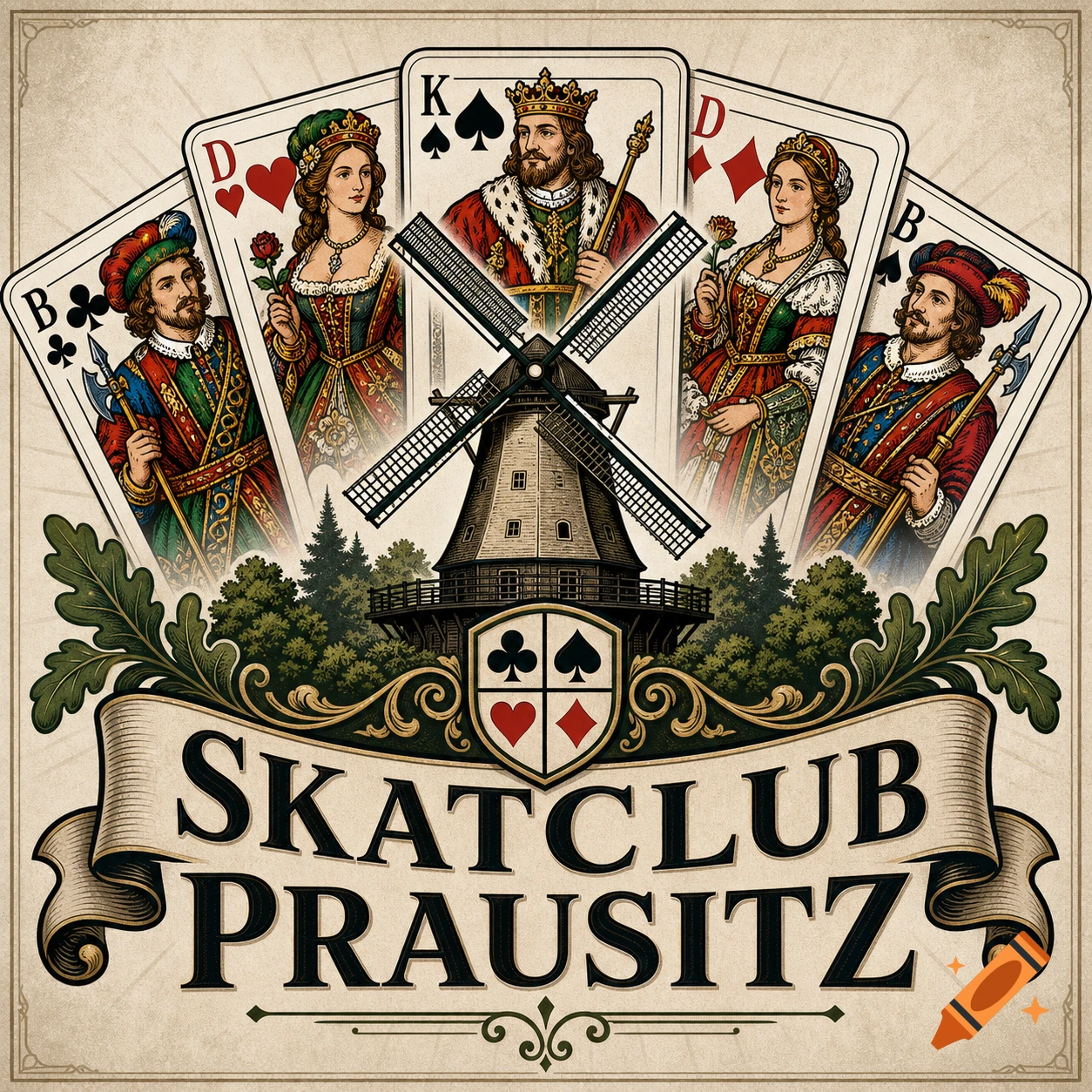 A detailed illustration of four ornate playing cards (King, Queen, Jack) fanned out behind a windmill. Below is a banner with 'SKATCLUB PRAUSITZ' and card suits.