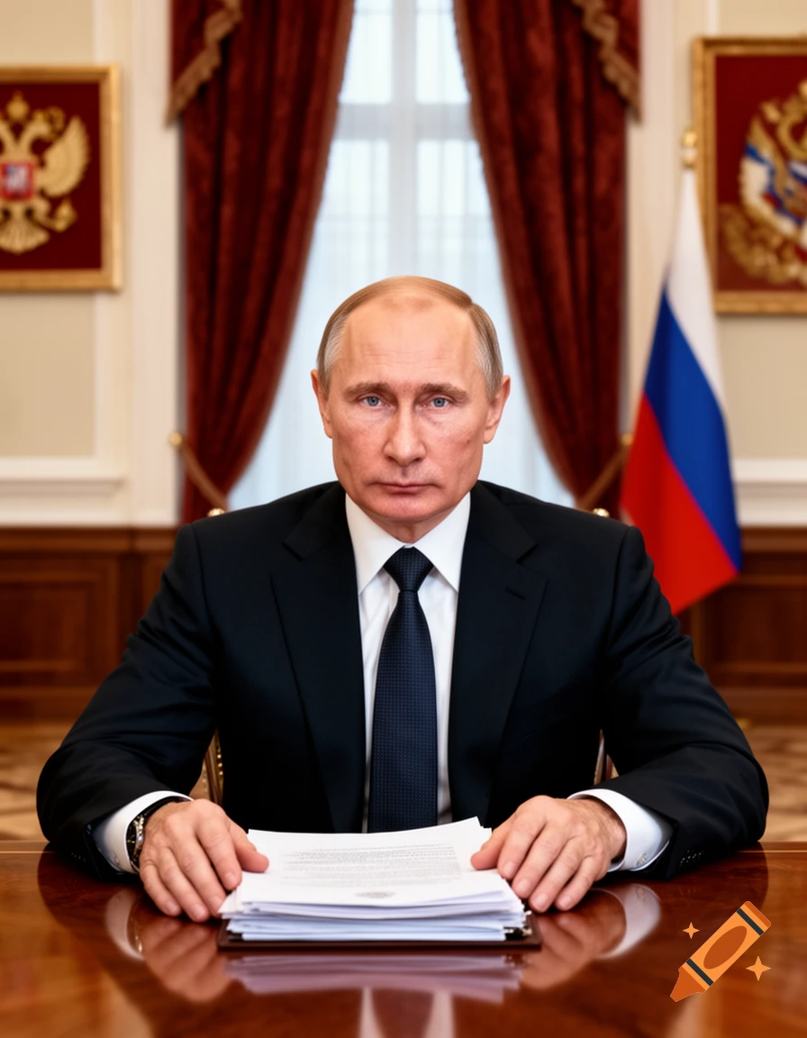 A photorealistic portrait of Vladimir Putin, wearing a dark suit, sitting at a wooden desk with papers, against a backdrop of red curtains and the Russian flag.