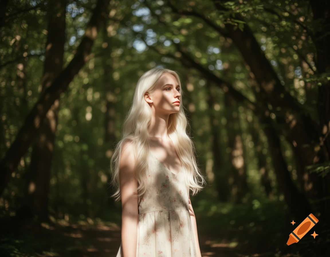 A fair-skinned woman with long blonde hair and a light floral dress stands in a sun-dappled forest, looking to her right.
