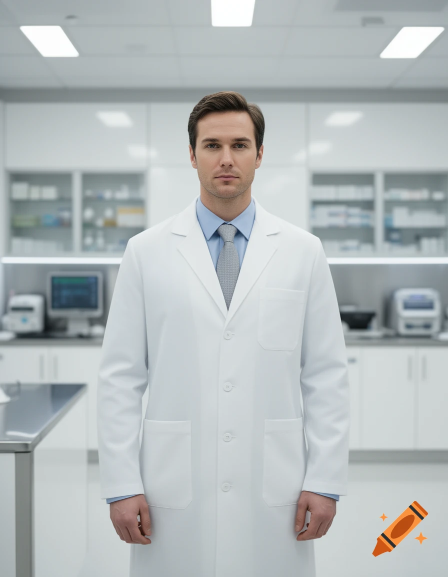 A man in a white lab coat, blue shirt, and grey tie stands in a sterile, modern medical laboratory.