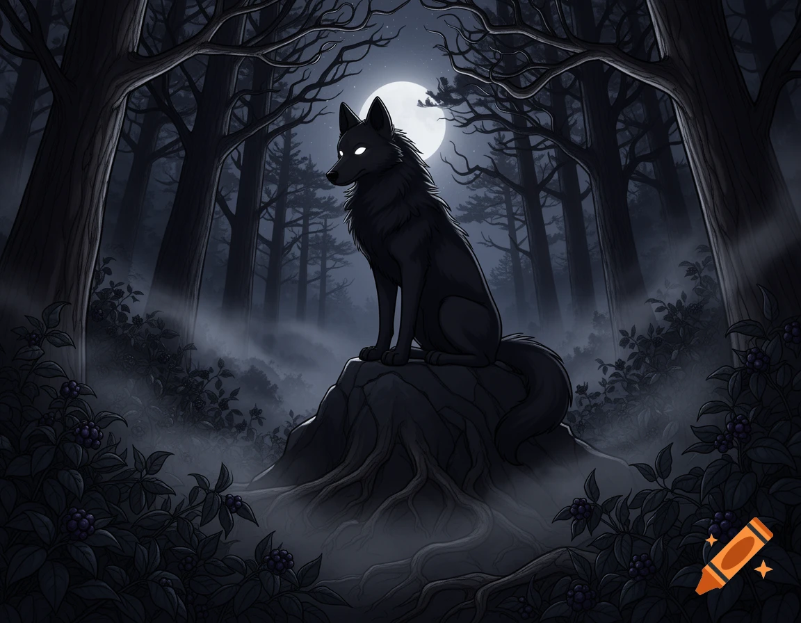 A cartoon-realistic midnight black wolf with glowing white eyes sits on a rock in a dark, misty pine forest under a full moon.
