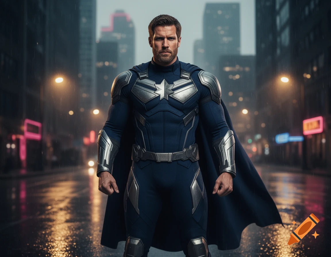 A muscular man with a beard in a dark blue and silver superhero suit and cape stands on a rainy city street at night.