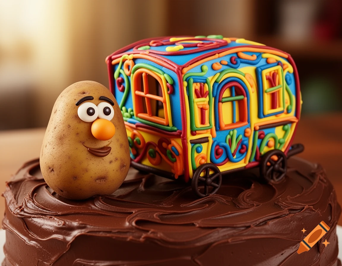 A whimsical chocolate cake topped with a potato character and a colorful, intricately decorated gypsy trailer made of icing.