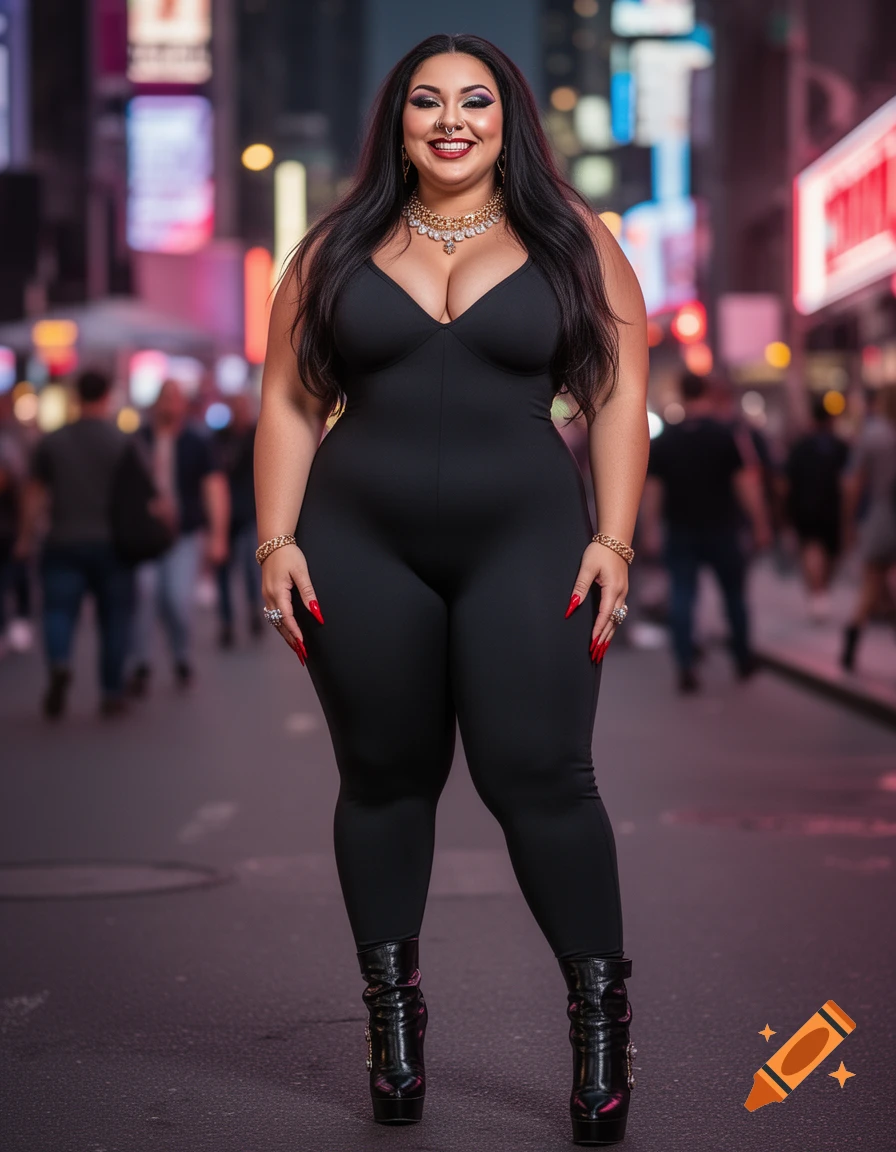 A smiling woman with long dark hair, heavy makeup, and a nose ring stands on a city street, wearing a black jumpsuit and high-heeled boots.