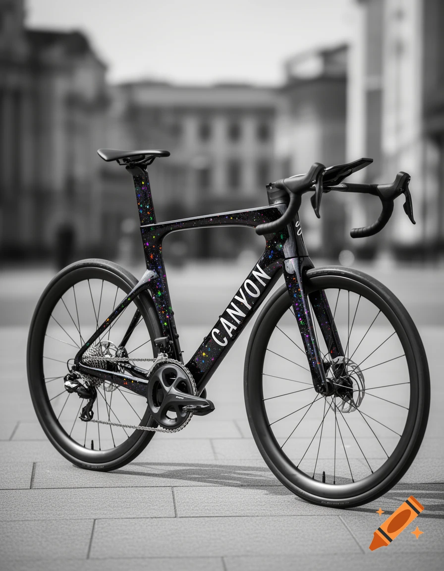 A black Canyon Aeroad road bike with colorful speckles, like stars, stands on a paved surface in front of blurred buildings.
