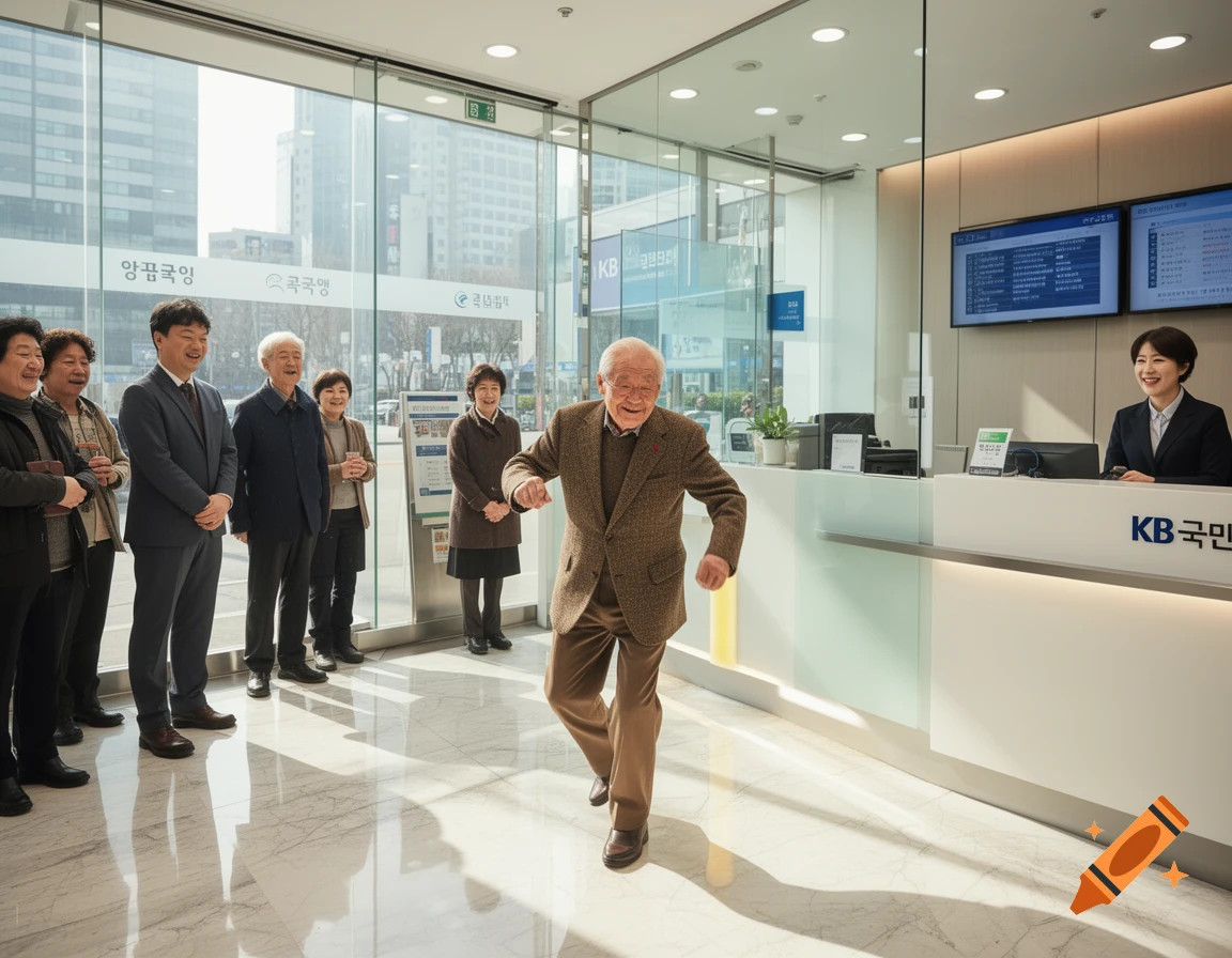 An elderly man joyfully dances in a modern KB Kookmin Bank lobby while staff and other customers watch and smile, photorealistic.