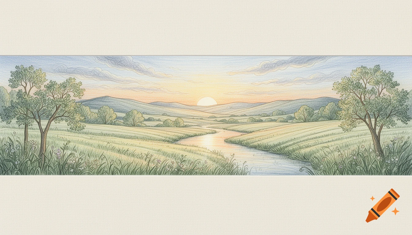 Colored pencil drawing of a peaceful valley with a river, green fields, and rolling hills under a soft sunset sky.
