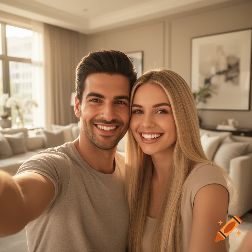 A happy couple smiles for a photorealistic selfie in a modern home.