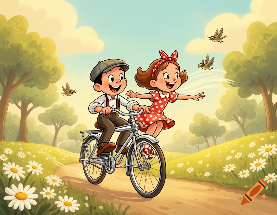 A happy cartoon boy in a cap pedals a bicycle with a girl in a polka dot dress riding on the back, smiling through a field of daisies.