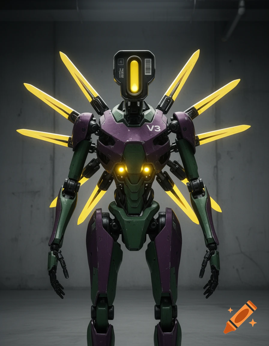 A detailed photorealistic robot with purple and green armor, glowing yellow blade-like extensions on its back, a CCTV camera head, and chest lights.