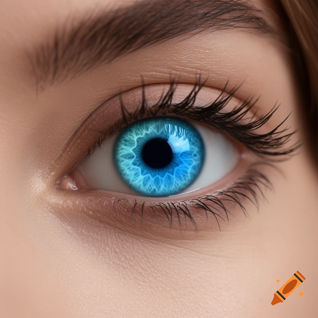 A close-up, photorealistic blue eye with vibrant concentric rings in the iris.
