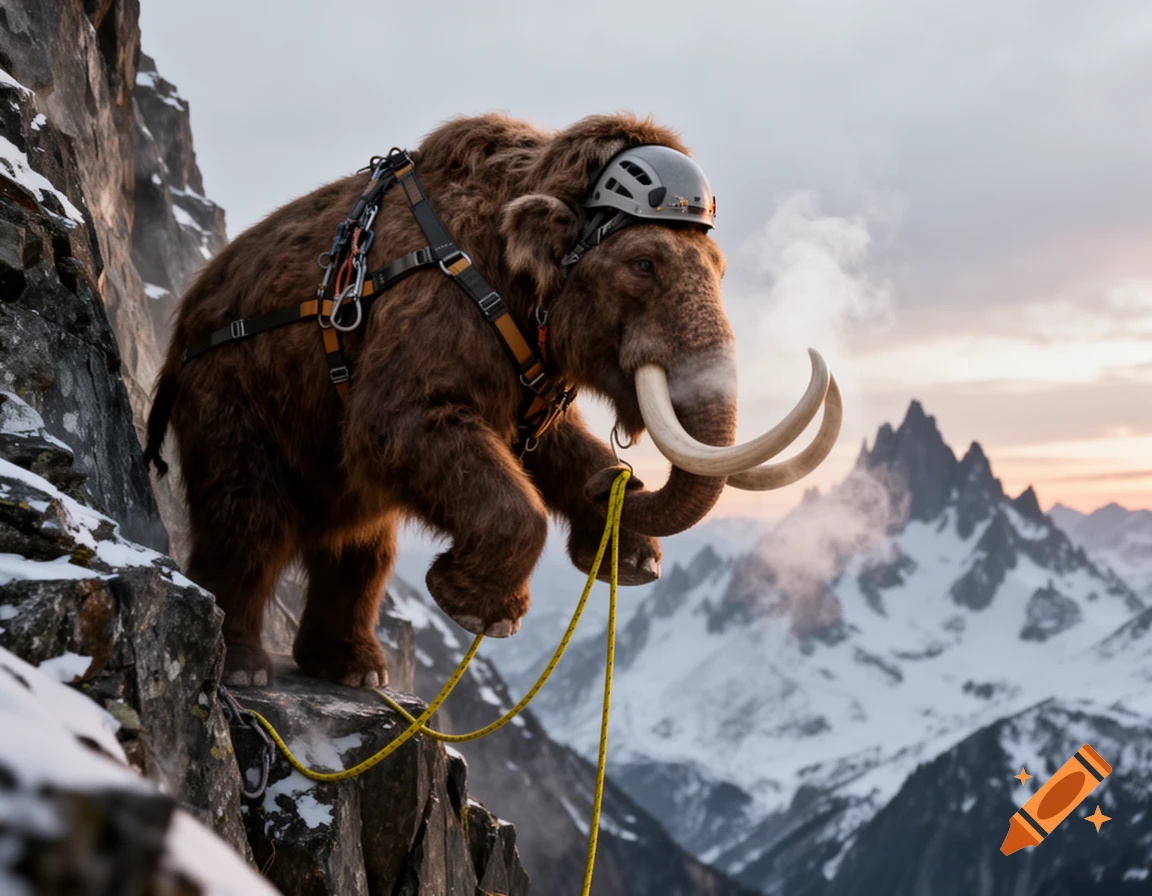 A photorealistic woolly mammoth wearing a climbing harness and helmet ascends a snowy, rocky mountain face with ropes.