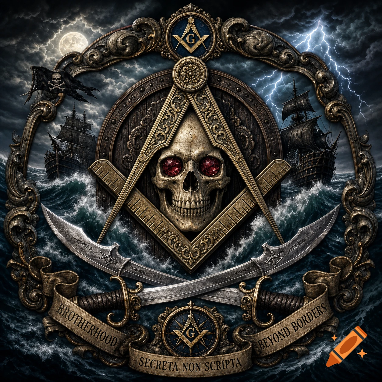Ornate Masonic emblem with a pirate theme: skull with red eyes, compass, square, crossed swords, ships on stormy sea, banners.