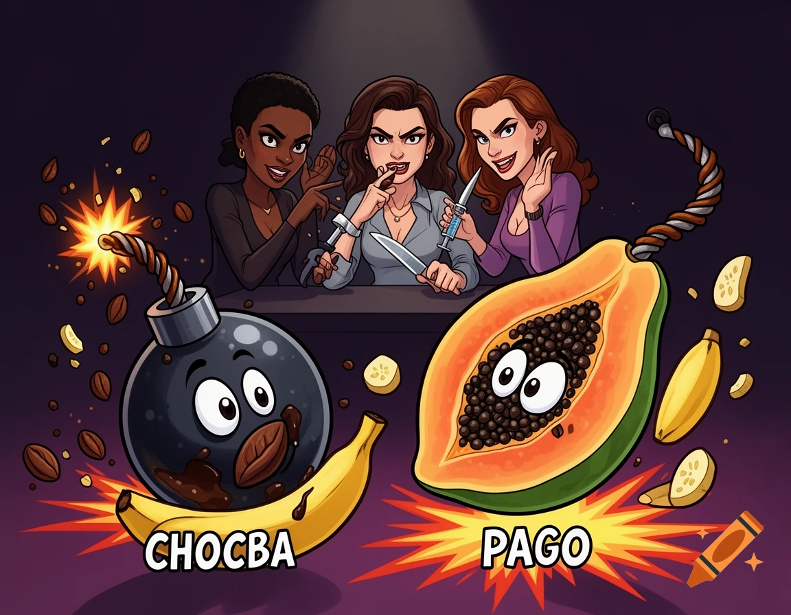 Cartoon of three women plotting, with two explosive fruit-bombs: a chocolate banana bomb ('CHOCBA') and a papaya guava bomb ('PAGO').