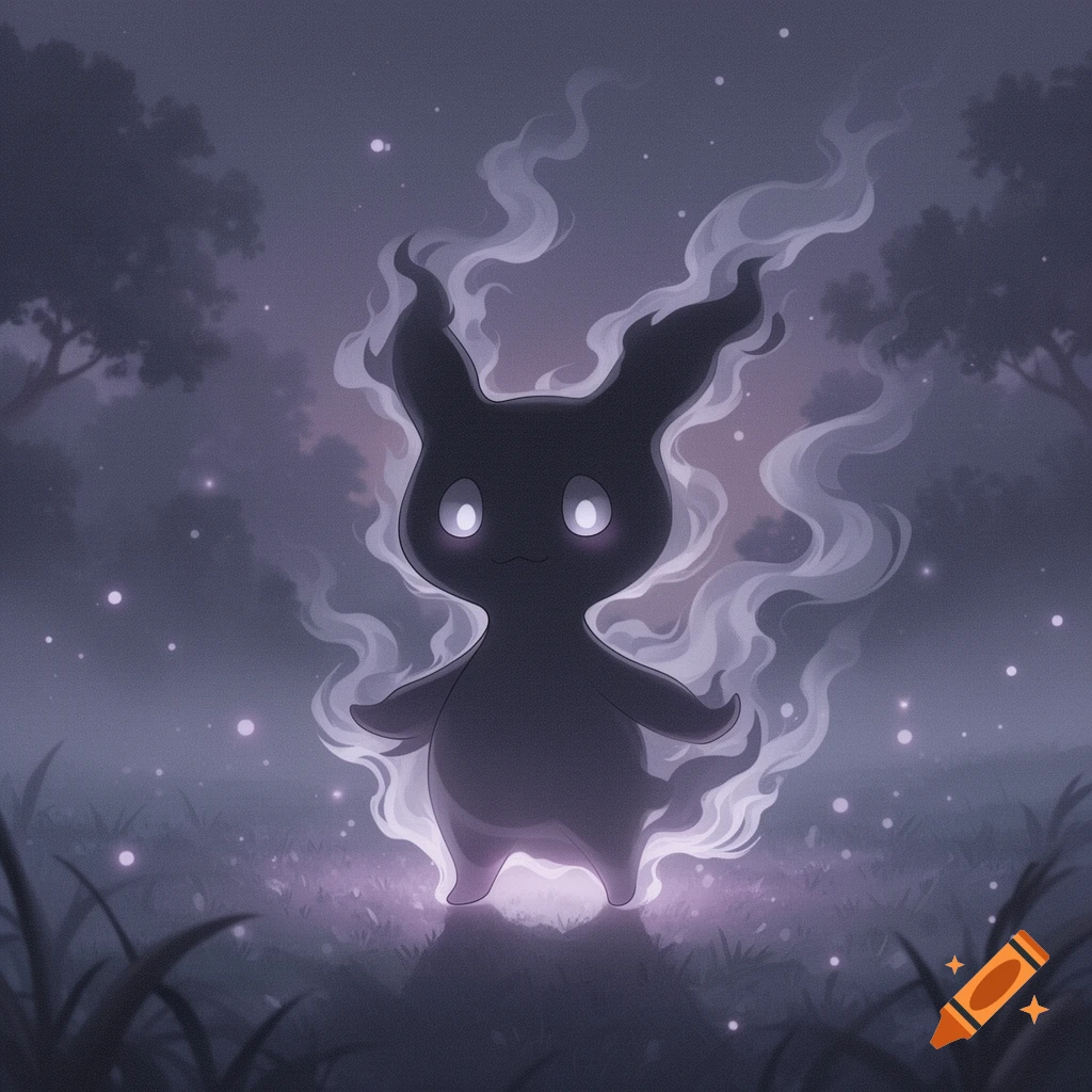 A shadowy, ghost-like creature with glowing white eyes and pointed ears floats amidst swirling purple mist in a dark, ethereal forest.