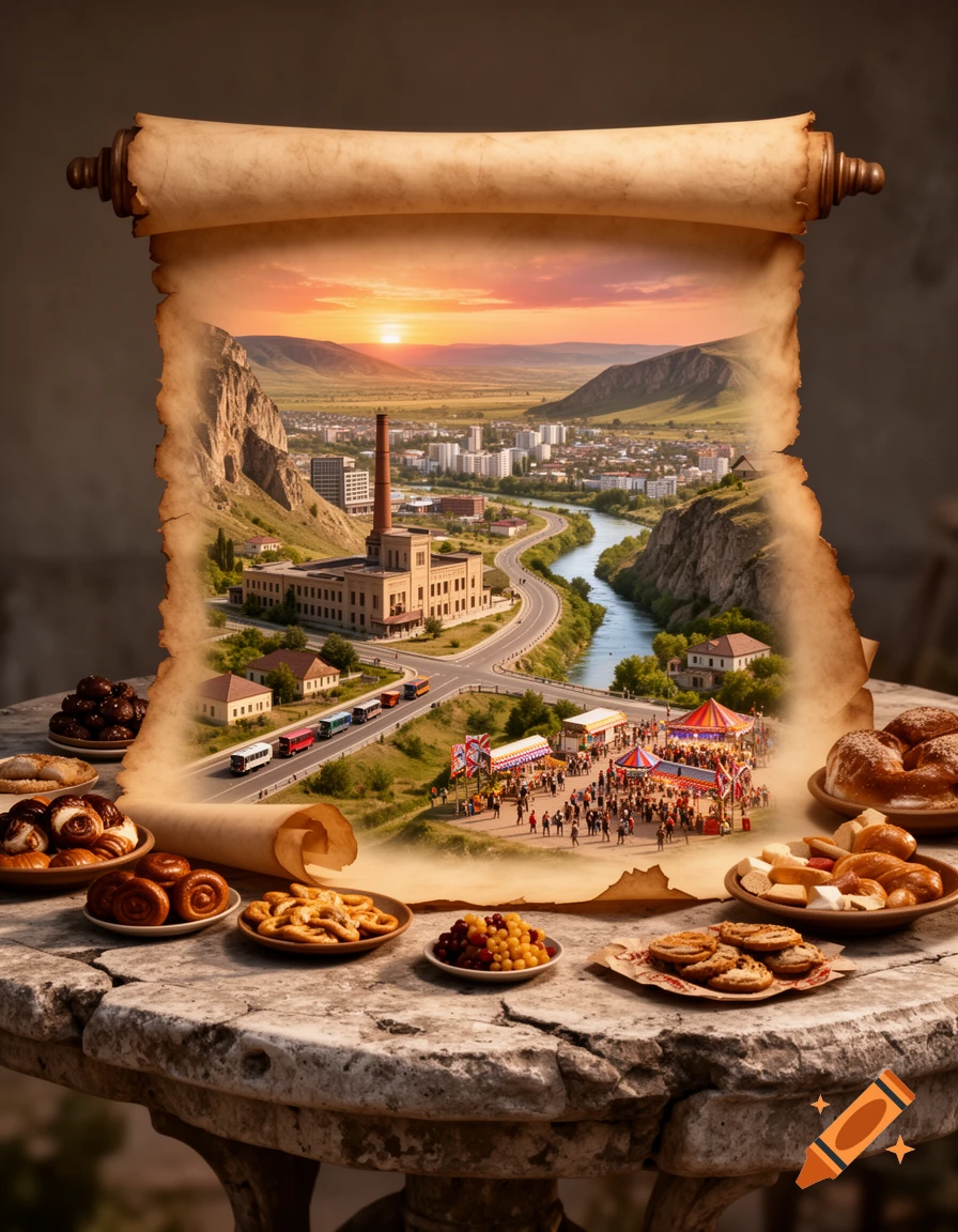 A magical scroll unfurls on a stone table with food, revealing a miniature 3D landscape of a city, river, mountains, and a festival at sunset.