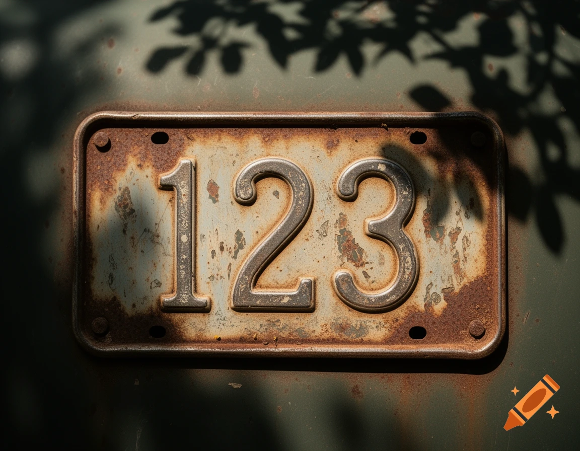 A close-up, photorealistic image of a weathered, rusty license plate with the embossed numbers "123" under dappled sunlight.