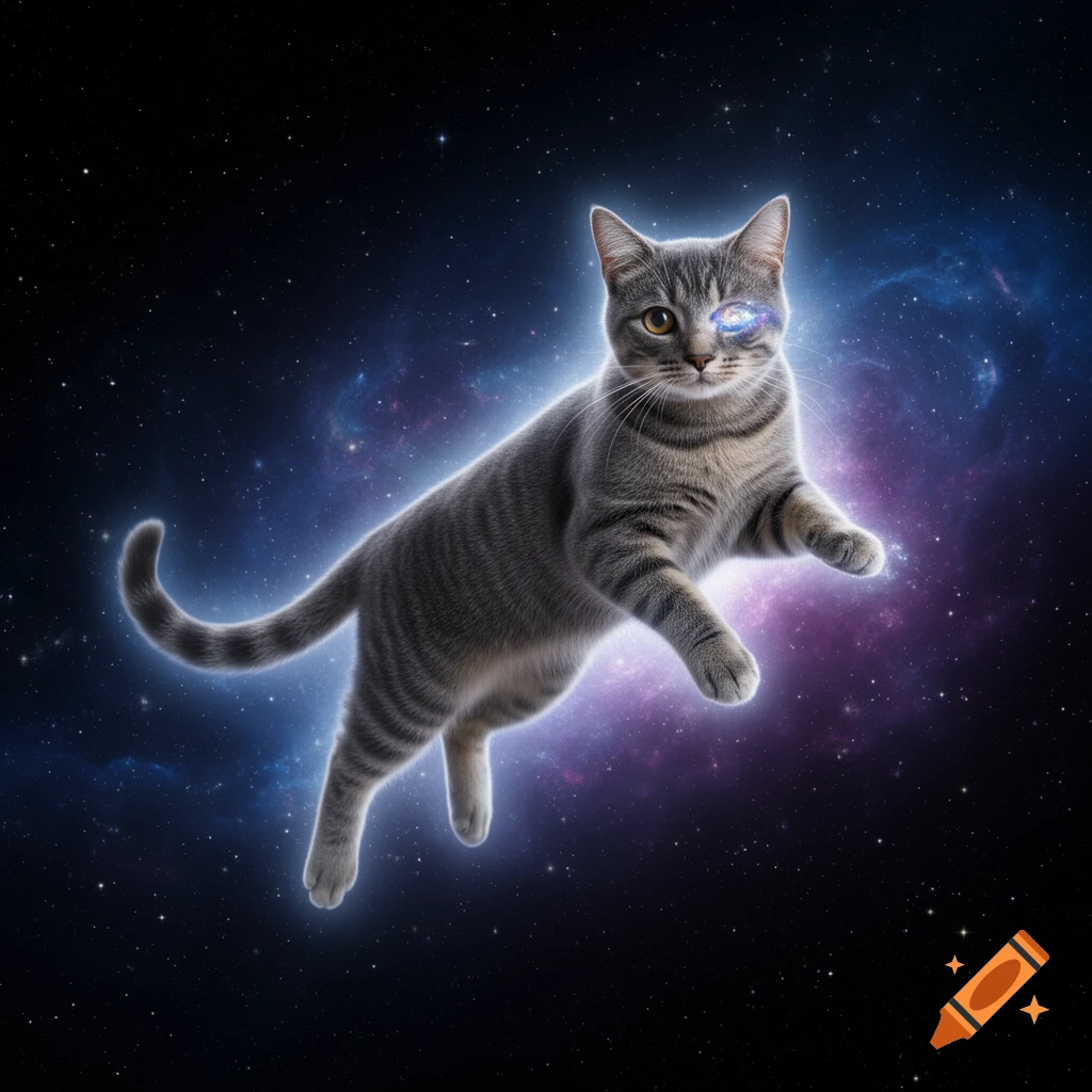 A gray tabby cat floats in outer space, surrounded by a blue and purple nebula, with a swirling galaxy in its left eye.