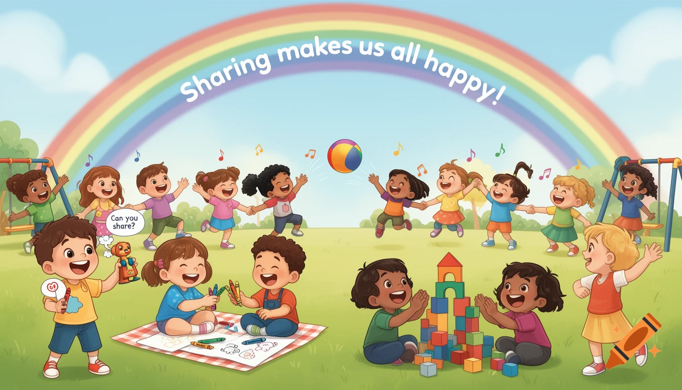 Diverse happy cartoon children playing and sharing in a park under a rainbow, with text "Sharing makes us all happy!"