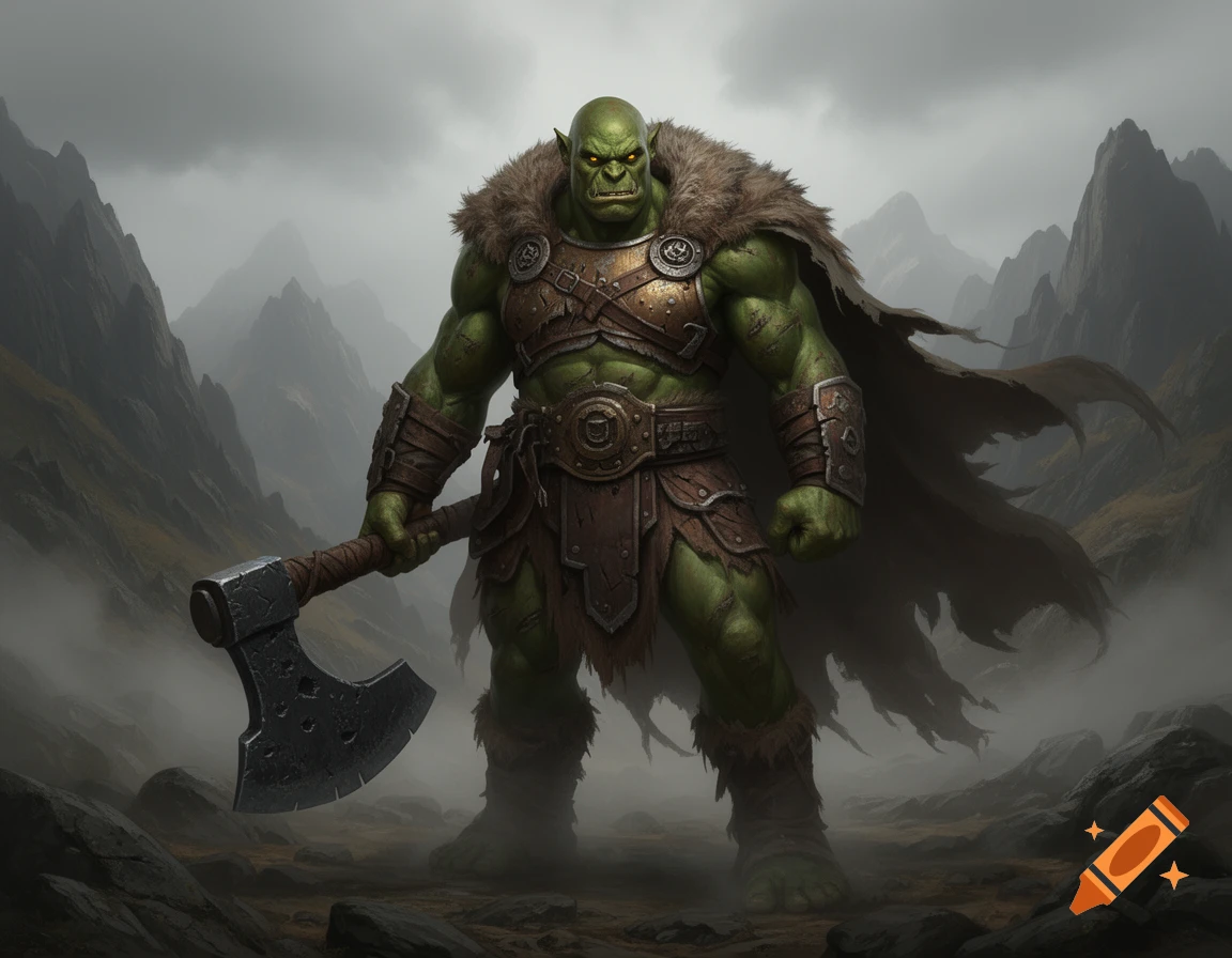 A muscular green orc barbarian with a fur cape and leather armor stands holding a large axe in a misty mountain landscape.