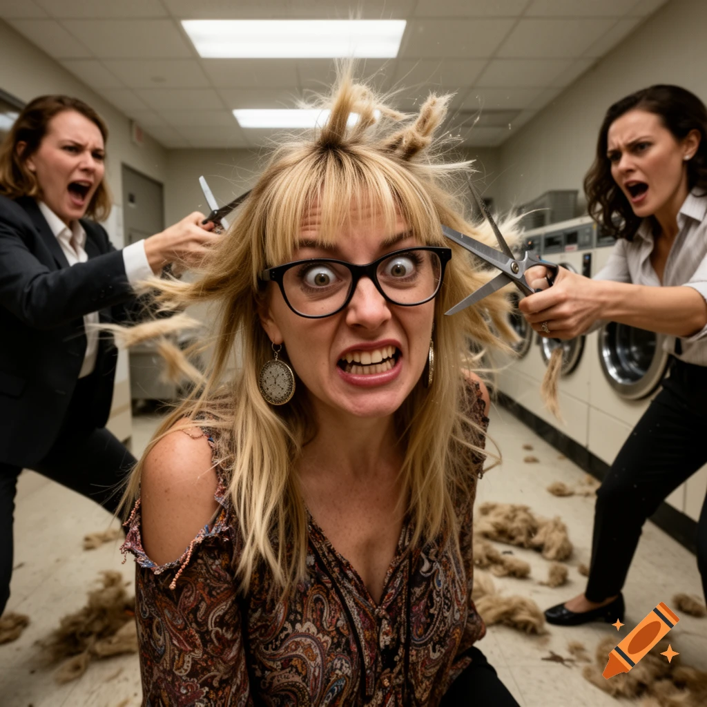 Three women in an office/laundry setting during a dramatic catfight. The central woman, wearing glasses and a patterned blouse, screams as two others aggressively cut her blonde hair, leaving clumps on the floor. Photorealistic style.