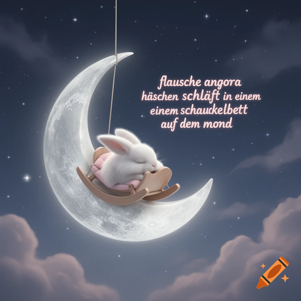 A fluffy angora bunny sleeps peacefully in a small rocking bed on a crescent moon, surrounded by stars and soft clouds in a dark blue night sky. Styled as 3D cartoon art.
