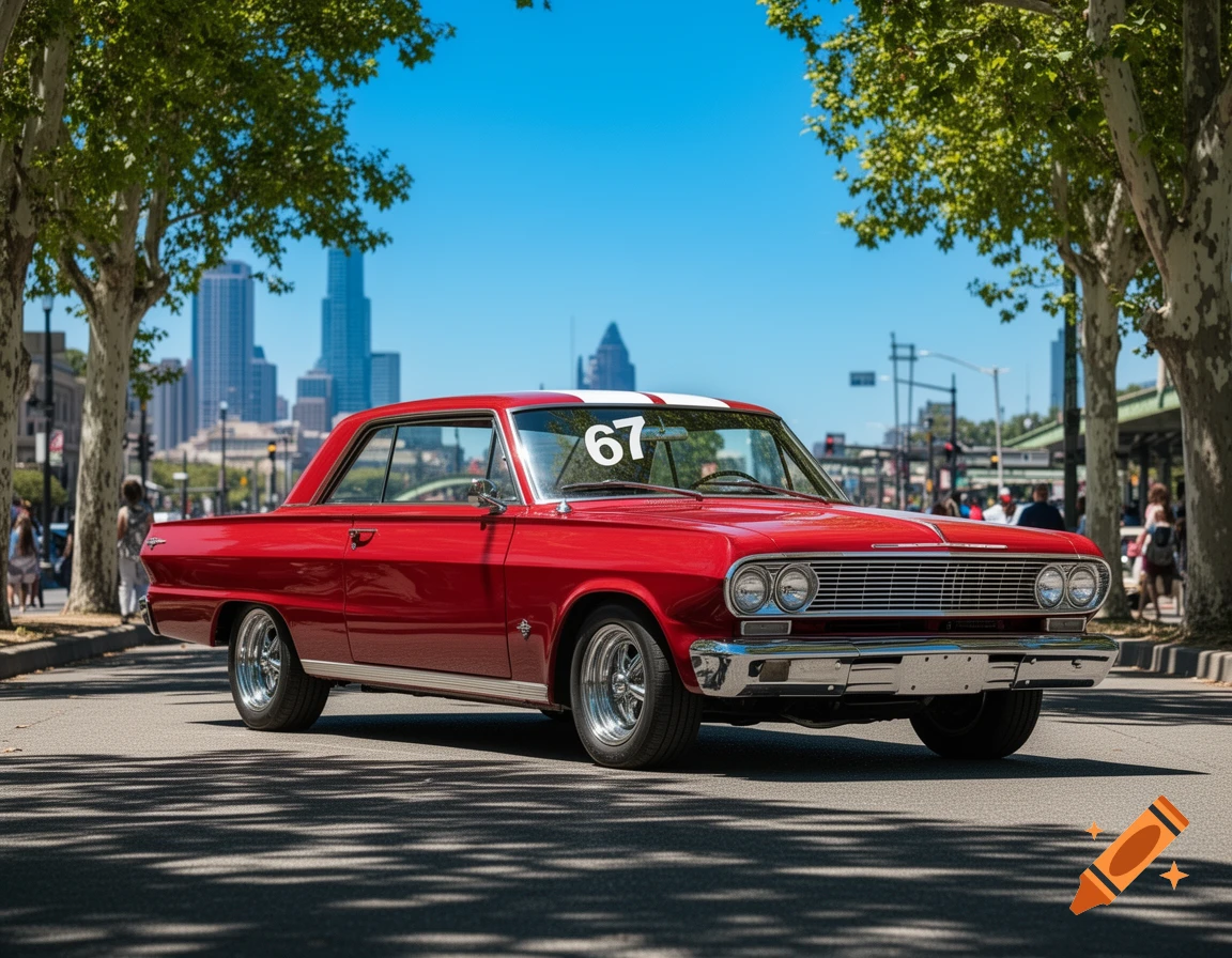 A shiny red classic car with "67" on its roof parked on a sunny city street with a skyline in the background, photorealistic.