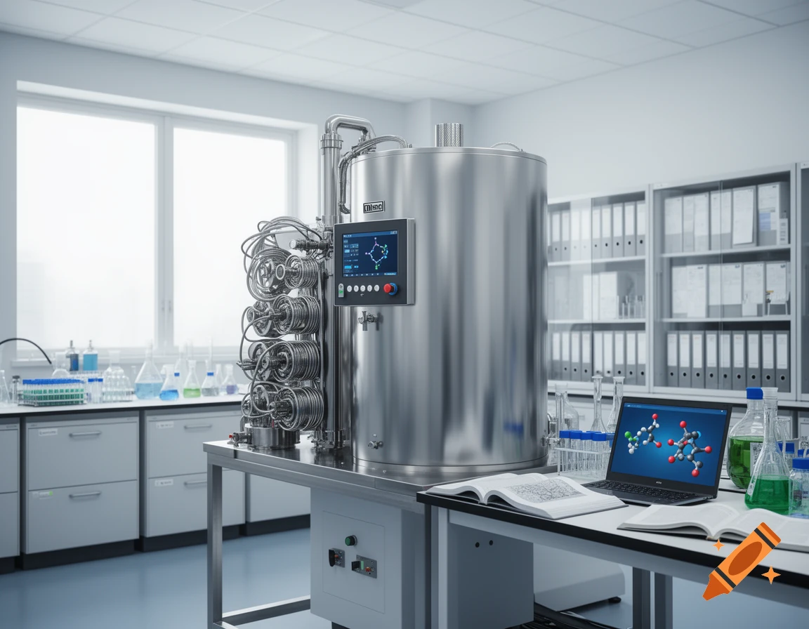 A modern NMR spectrometer in a brightly lit laboratory with glassware, a laptop displaying molecular structures, and open books.