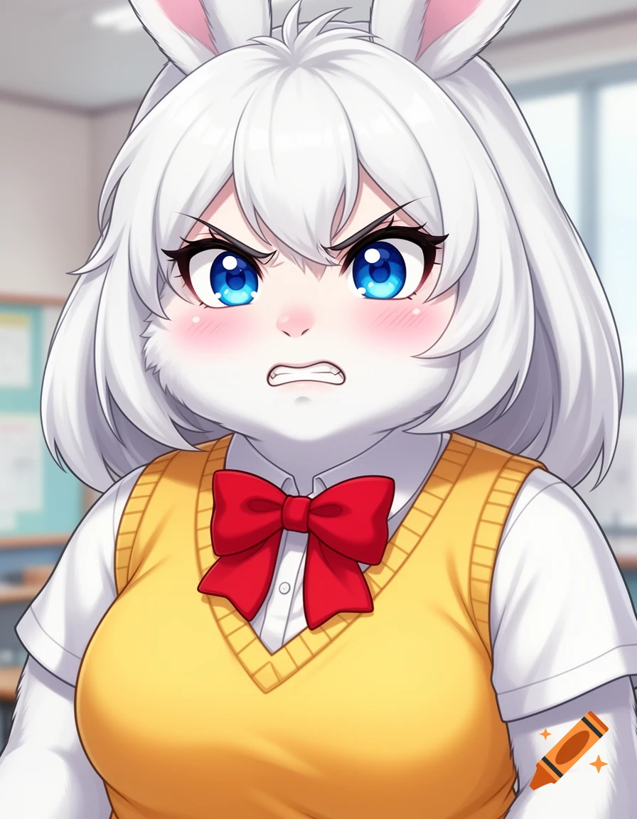 Angry white anthropomorphic rabbit girl with blue eyes, wearing a white collared shirt, yellow sweater vest, and red bow tie.
