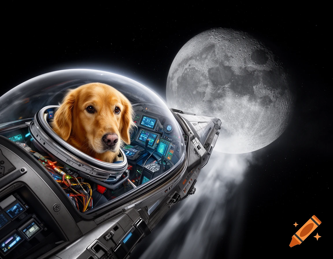 A photorealistic golden retriever dog in a futuristic spaceship cockpit, flying towards a large moon in dark space.