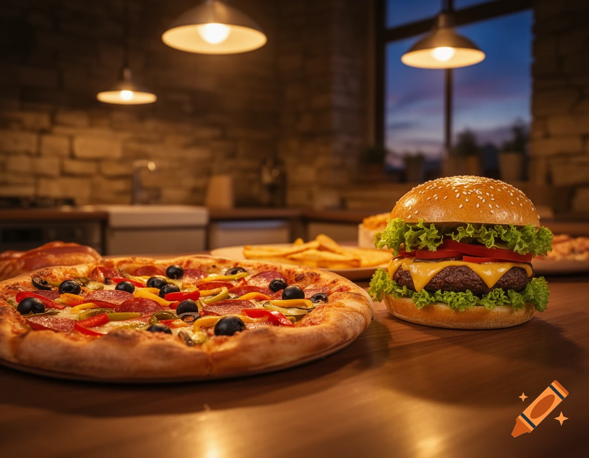 Photorealistic image of a pepperoni pizza and a cheeseburger with fries on a wooden table in a kitchen setting.