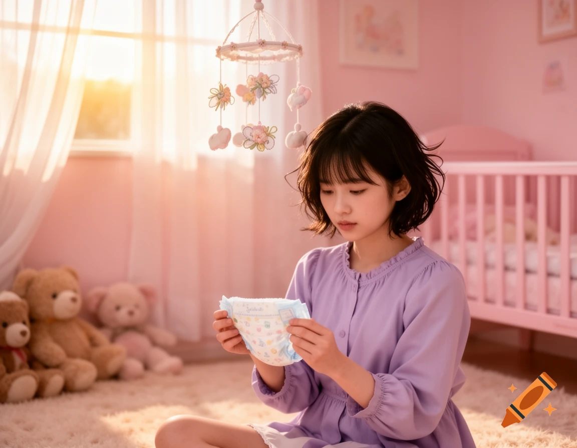 A young woman with short dark hair in a purple dress sits on a rug, holding a diaper in a pink nursery, bathed in golden light.