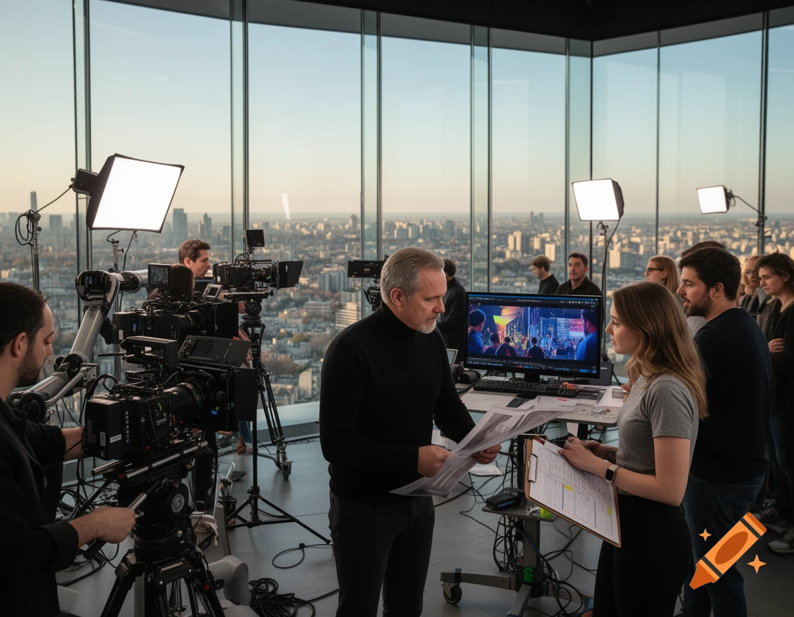 A film crew works in a high-rise office with large windows overlooking a city, with cameras, lights, and a monitor displaying a concert.