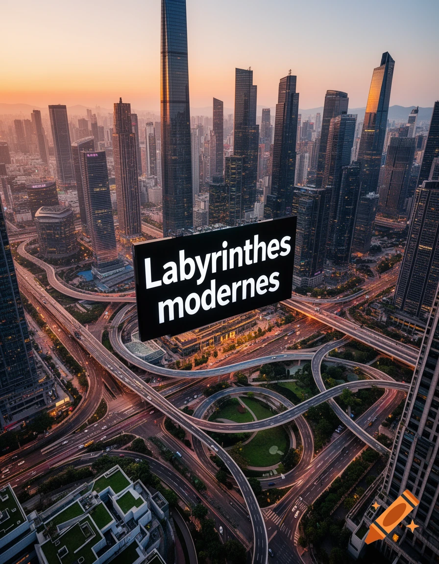 Photorealistic aerial view of a sprawling modern city with towering skyscrapers and a complex highway interchange, featuring a floating sign that reads "Labyrinthes modernes".