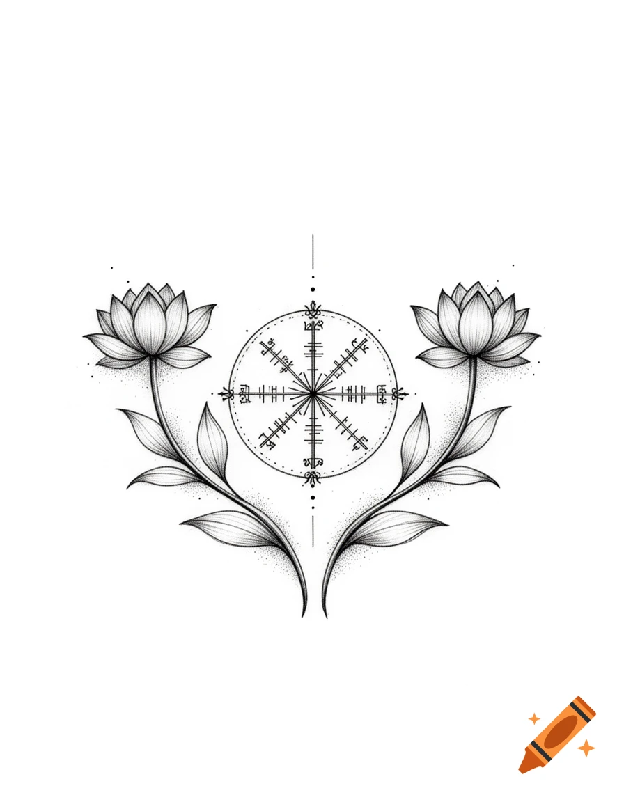 Minimalist black ink tattoo design featuring a central Vegvisir compass symbol flanked by two delicate lotus flowers with leaves, rendered in fine line art with dotwork shading.