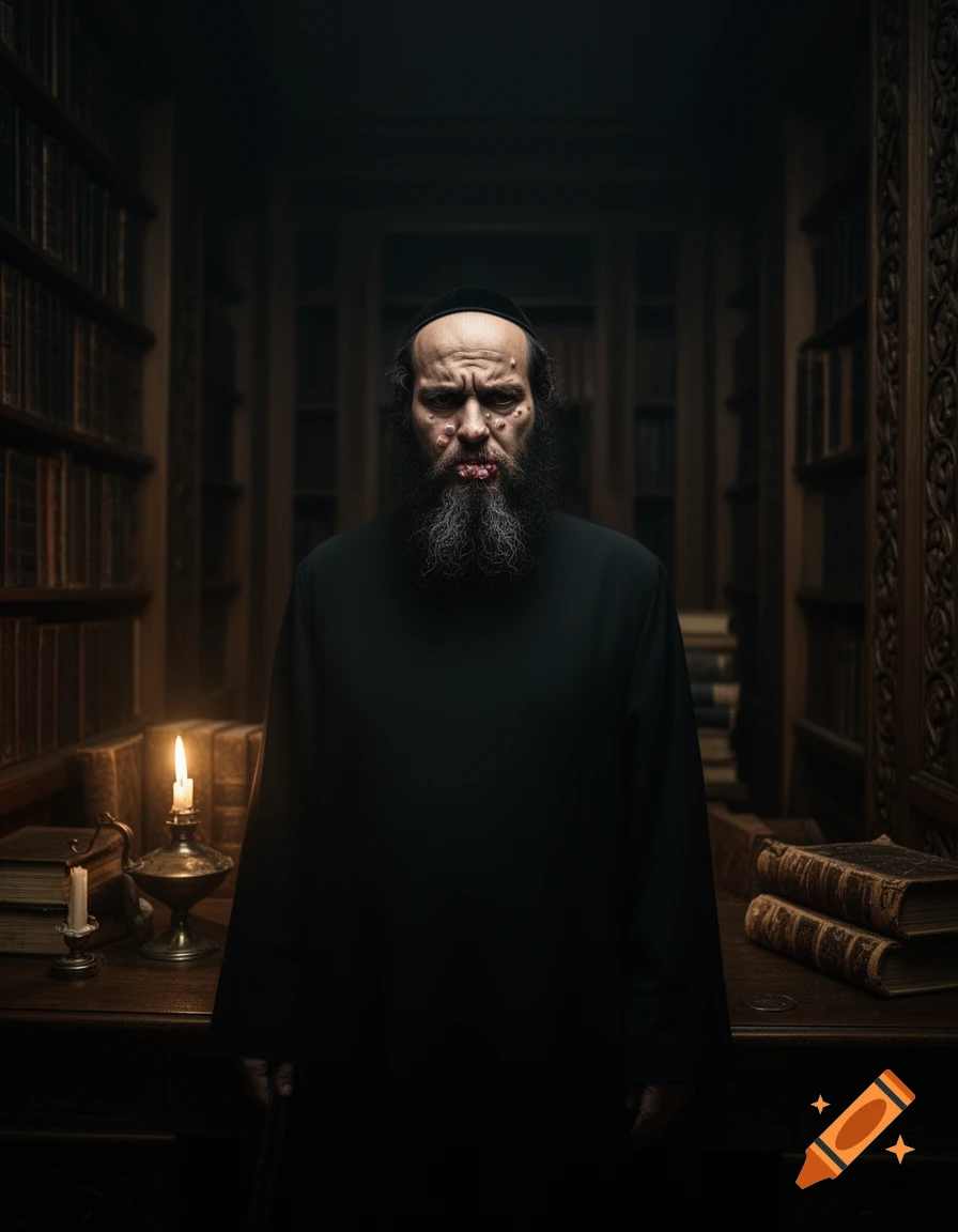 A sinister man with a long beard and facial blisters stands in a dimly lit library, candlelight illuminating his face and old books.