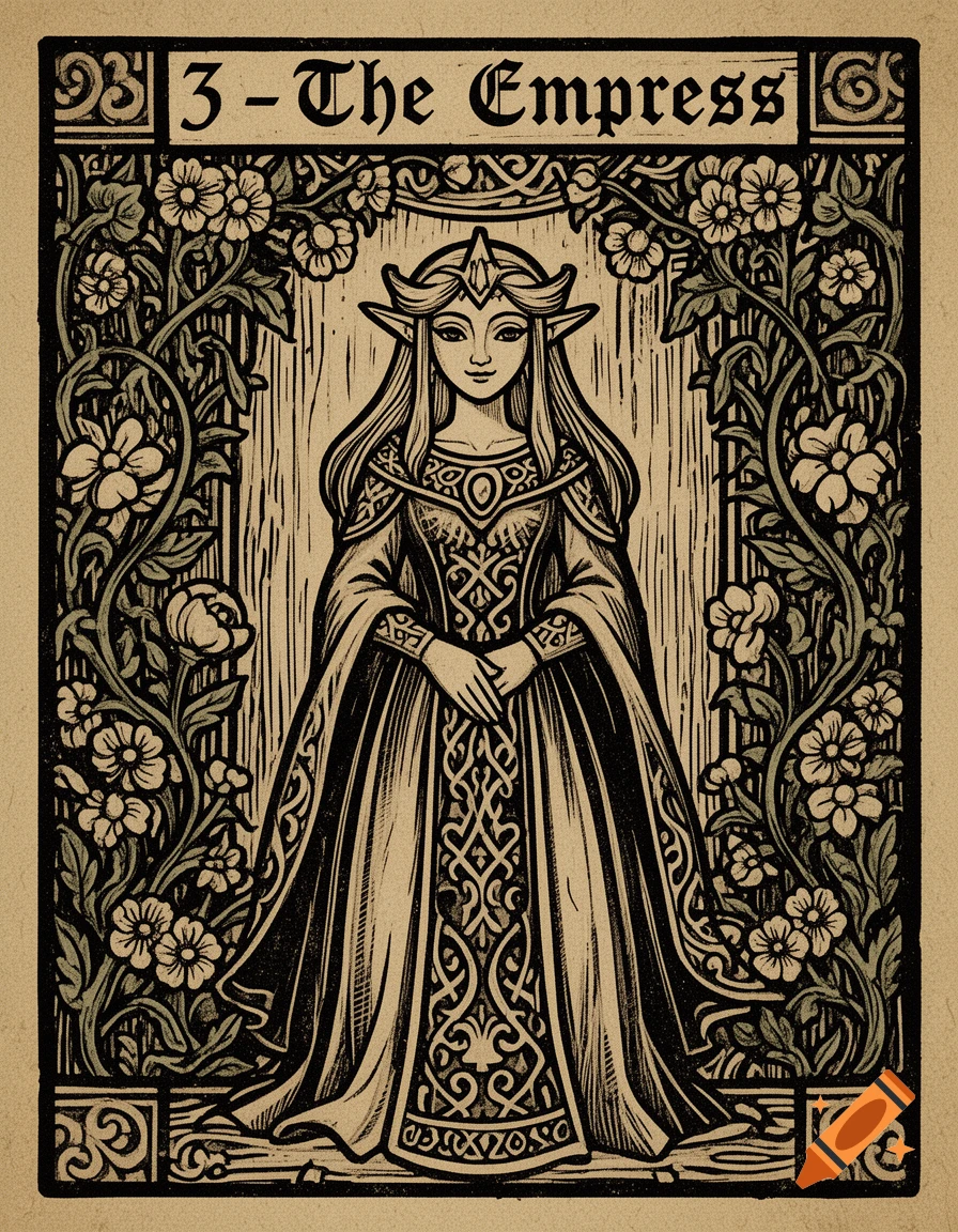 A woodblock art tarot card depicting a long-haired elf woman in a crown and patterned gown, surrounded by floral vines, labeled '3 - The Empress'.